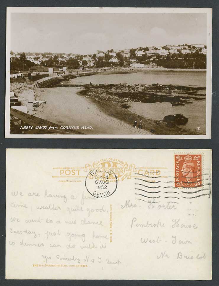 Torquay 1952 Old Postcard Abbey Sands from Corbyns Head, Beach Seaside Panorama