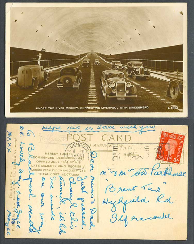 River Mersey Tunnel Connecting Liverpool & Birkenhead 1938 Old R. Photo Postcard