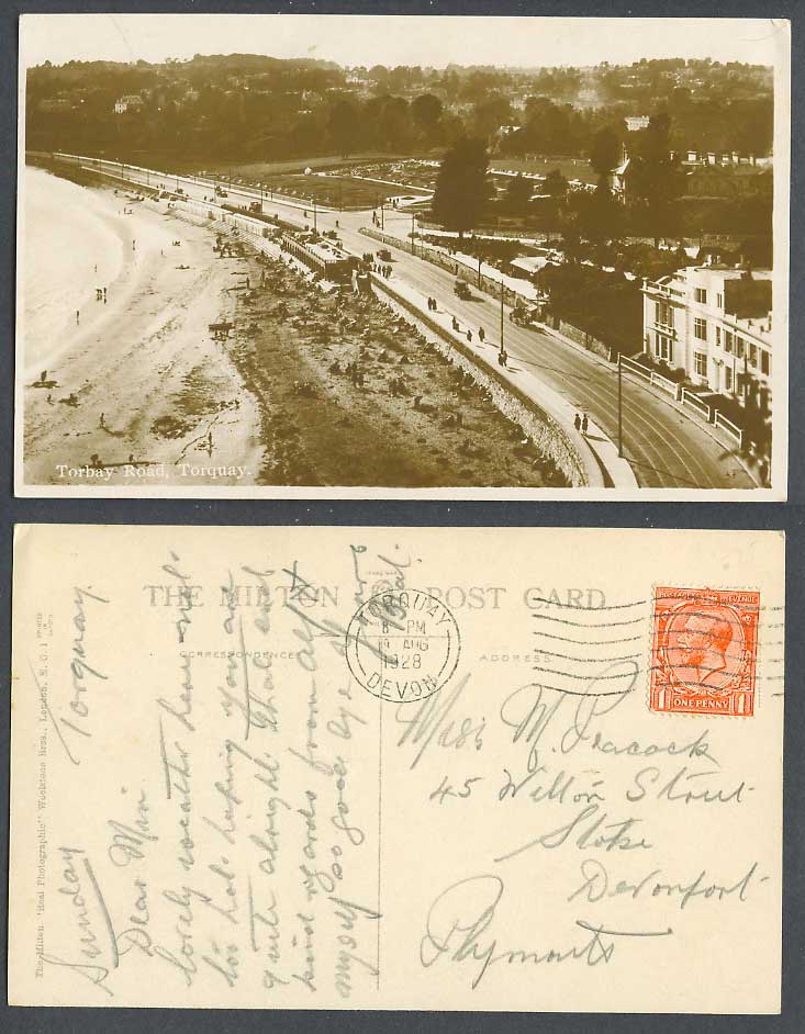 Torquay Torbay Road Street Scene, Motor Cars, Beach 1928 Old Real Photo Postcard