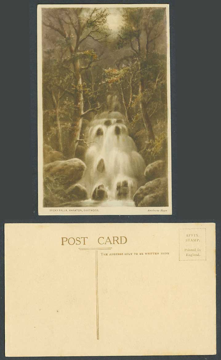 Becky Falls Manaton Dartmoor by Andrew Beer, Becka Fall Old Hand Tinted Postcard
