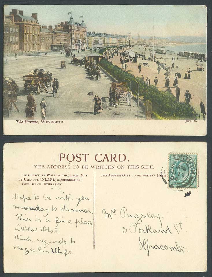 Weymouth, The Parade, Street Scene, Beach, Horse Carts, Dorset 1904 Old Postcard