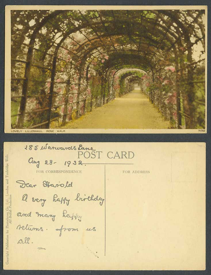 Lilleshall Rose Walk Shropshire 1932 Old Hand Tinted Postcard Roses Flowers Arch