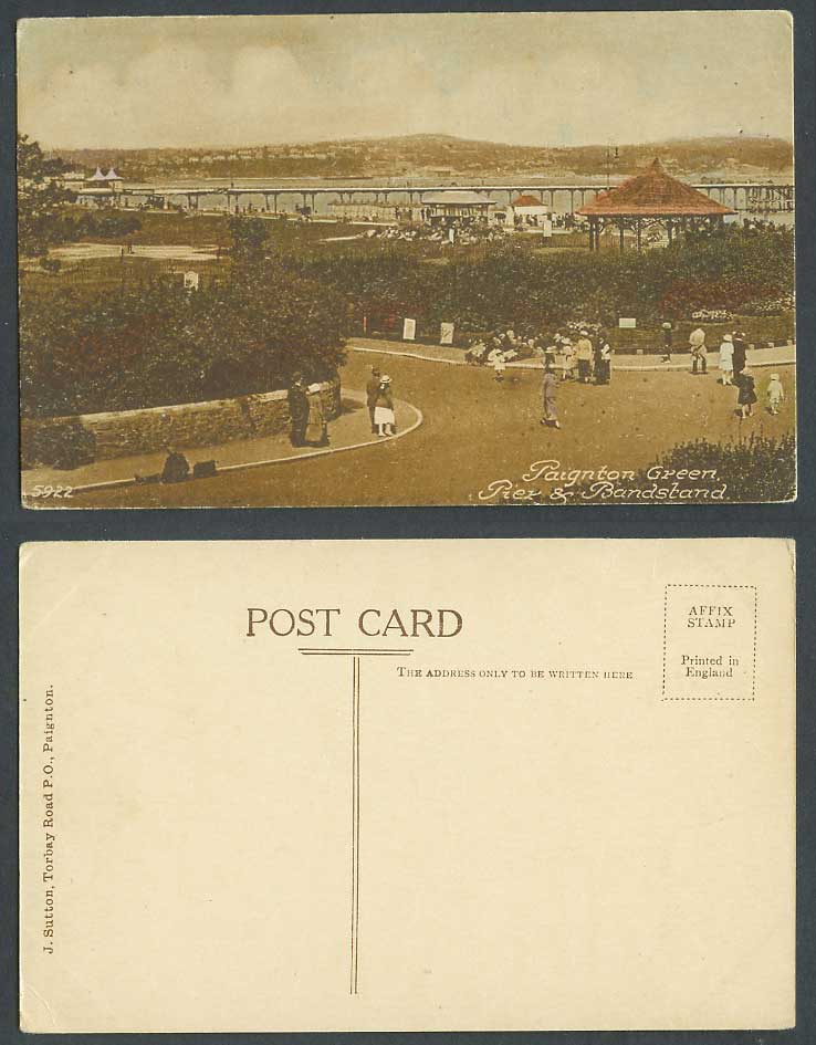 Paignton Green Pier & Bandstand Street Scene Devon Old Hand Tinted Postcard 5922
