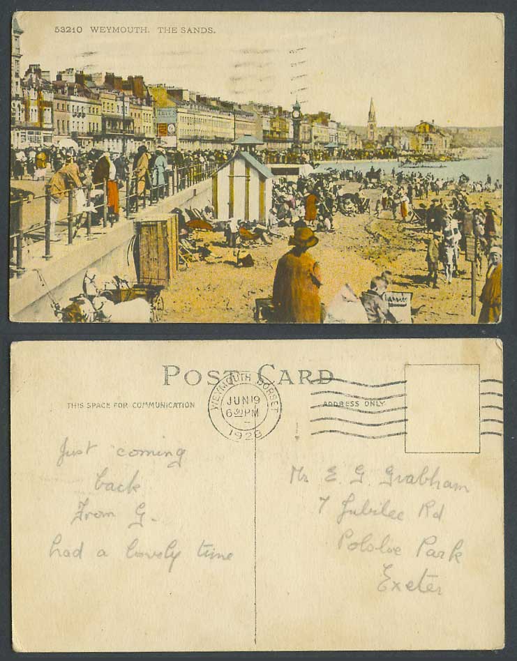 Weymouth The Sands, Beach Hut, Street Scene 1928 Old Hand Tinted Postcard Dorset