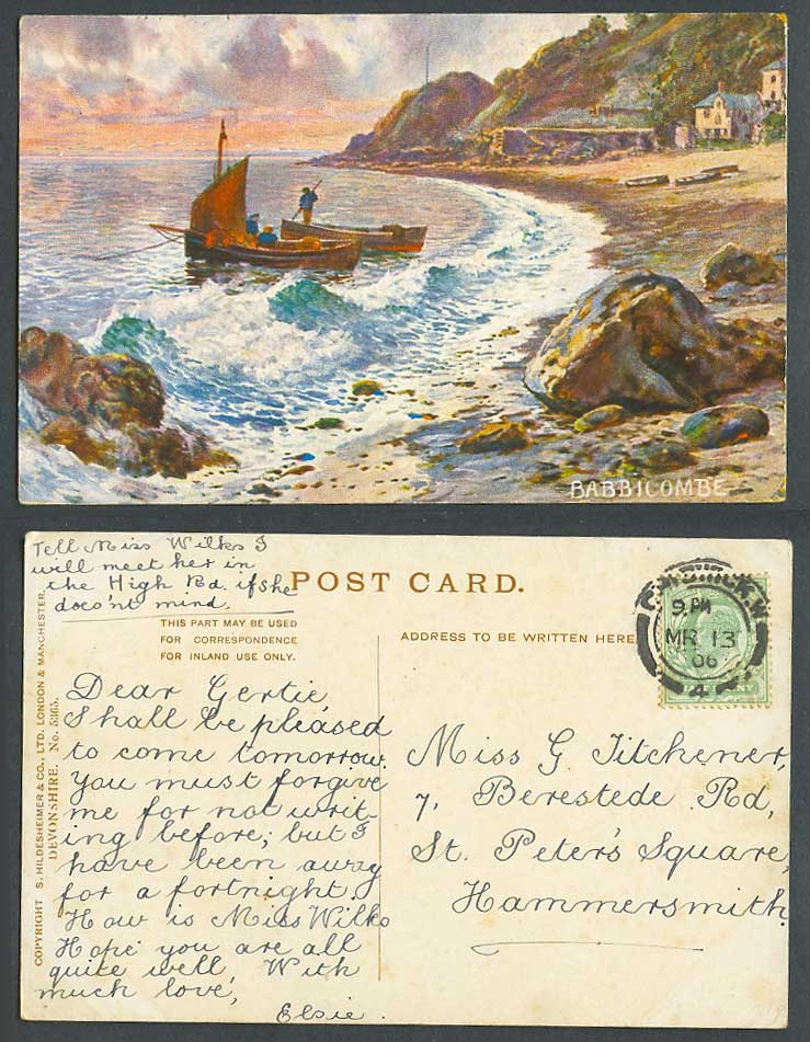 Babbacombe, Devon Devonshire 1906 Old ART Postcard Beach Fisherman Fishing Boats