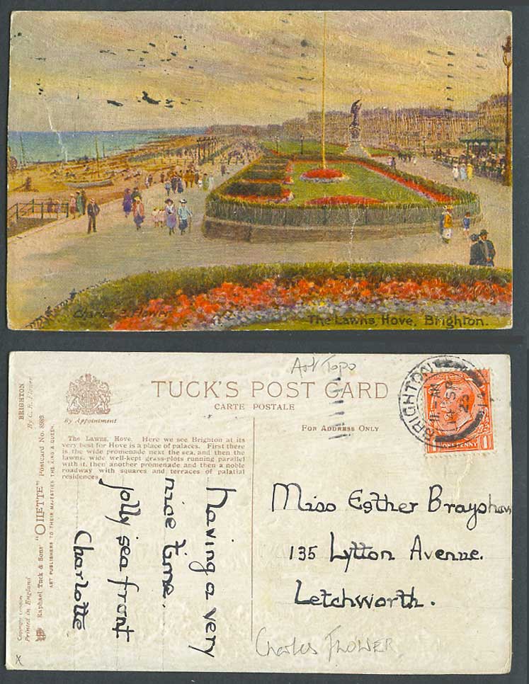 Brighton Hove The Lawns 1925 Old Postcard Tuck's Oilette CF Flower Artist Signed