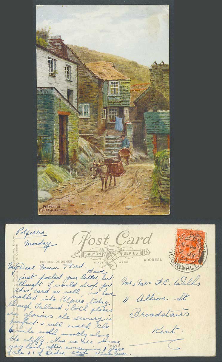 A.R. Quinton 1934 Old Postcard Polperro, Fisherman's Home, Donkey, Cornwall 2419