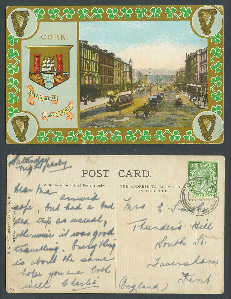 Ireland 1913 Old Postcard Co. Cork Coat of Arms, Patrick Street Scene TRAM Harps