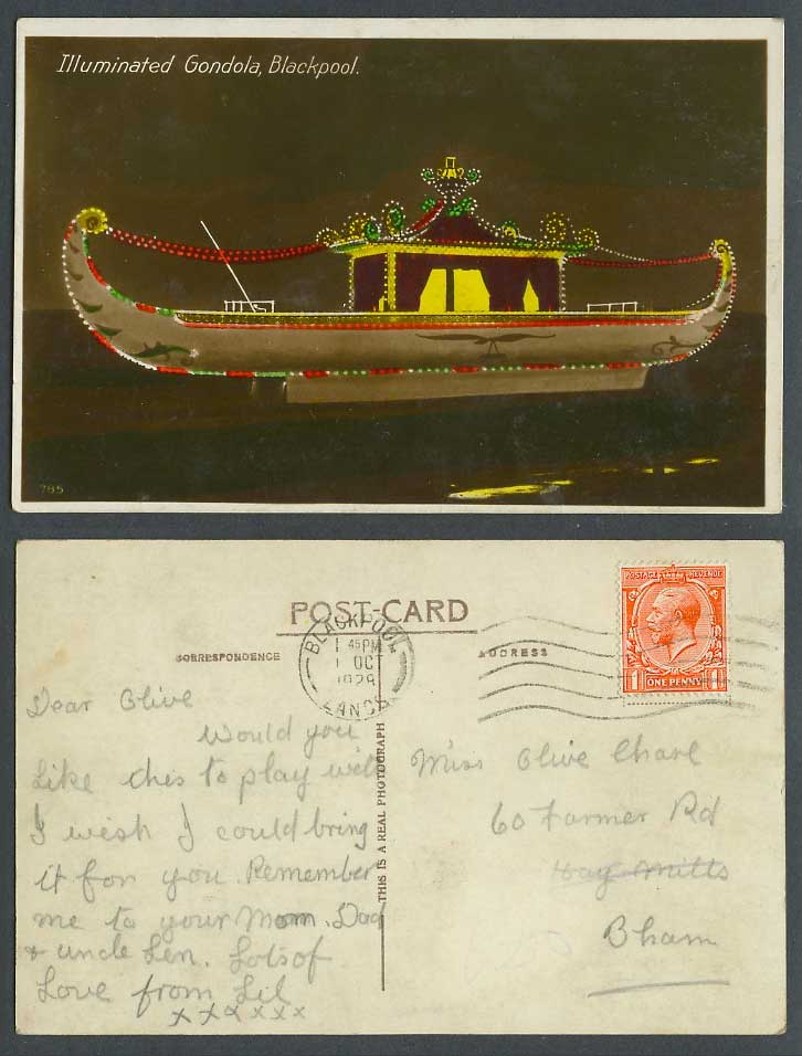 Blackpool Illuminated Gondola Boat Ship 1928 Old Colour R.P. Postcard Lancashire