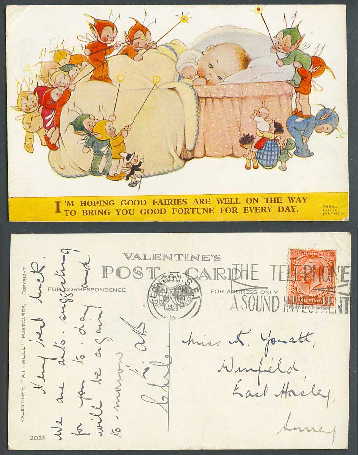 MABEL LUCIE ATTWELL 1939 Old Postcard Good FAIRIES Bring Good Fortune Elves 2028