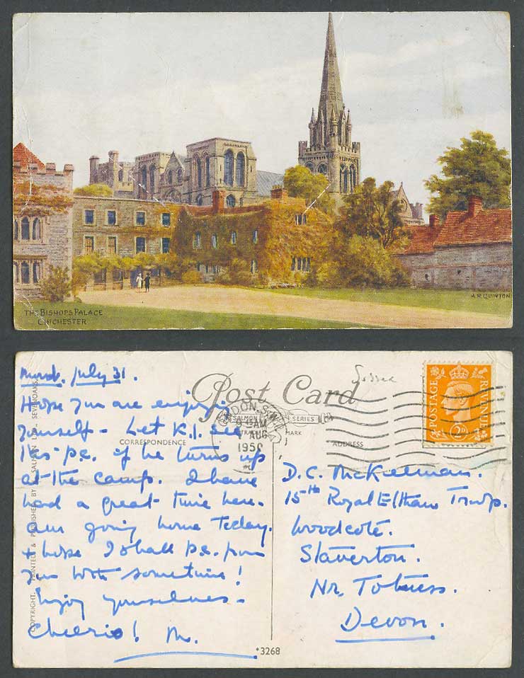 A.R. Quinton 1920 Old Postcard The Bishops Palace, Chichester Sussex 3268 A.R.Q.