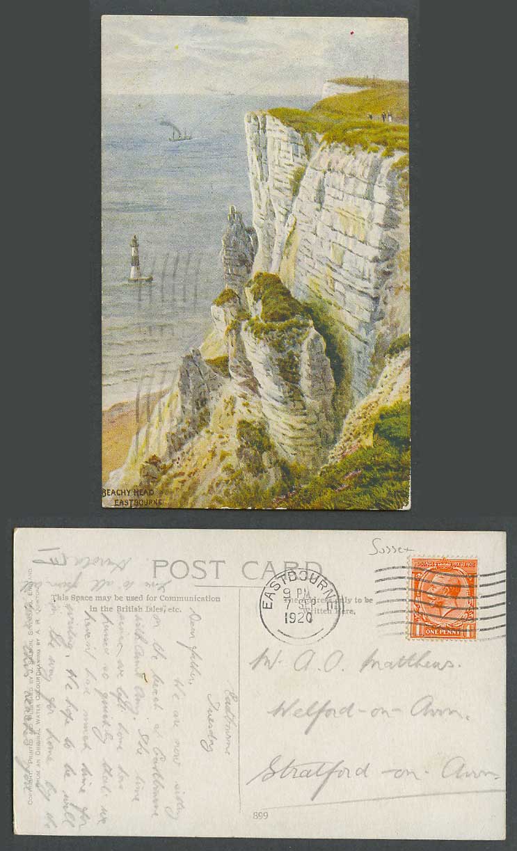 A.R. Quinton 1920 Old Postcard Beachy Head Eastbourne Lighthouse Cliff Coast 899