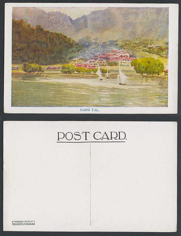 India Artist Drawn Old Postcard Naini Tal Nainital, Lake, Sailing Boats Panorama