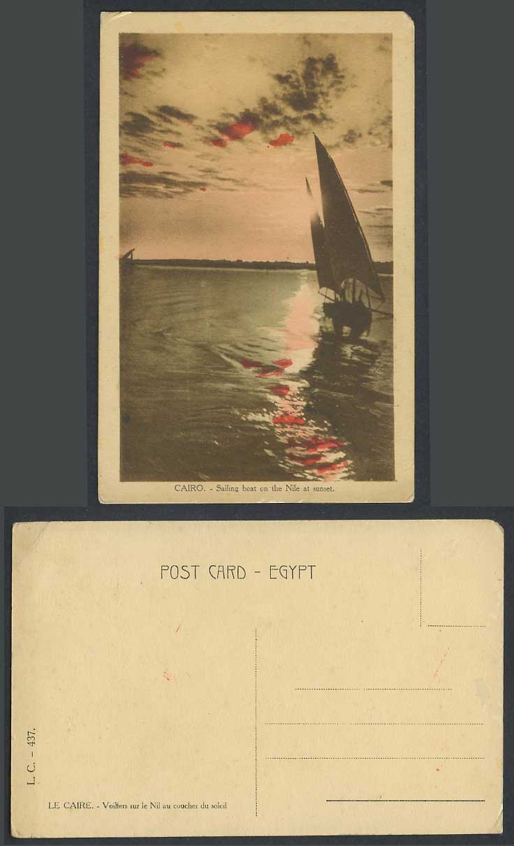 Egypt Old Hand Tinted Postcard Cairo, Sailing Boat on The Nile River at Sunset