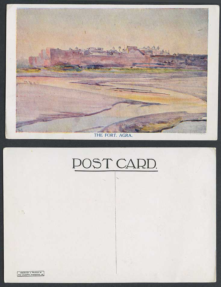 India M. Artist Signed Old Postcard The Fort Agra Fortress General View Panorama