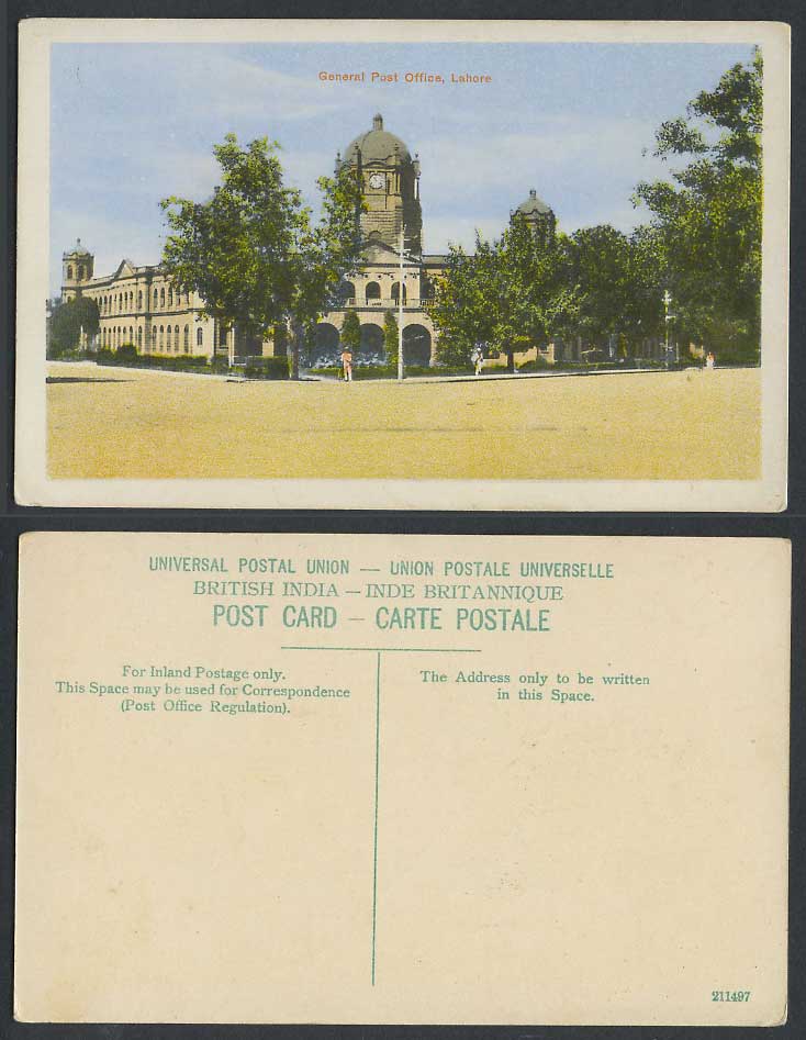 Pakistan Old Colour Postcard Lahore General Post Office Clock Tower Street Scene