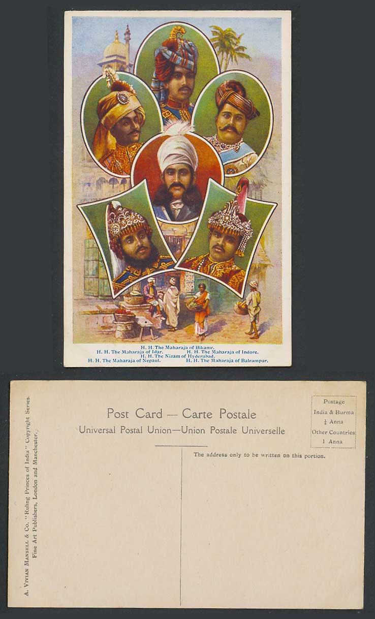 India Old Postcard Indian Ruling Princes H.H. Maharaja Indore Nizam of Hyderabad