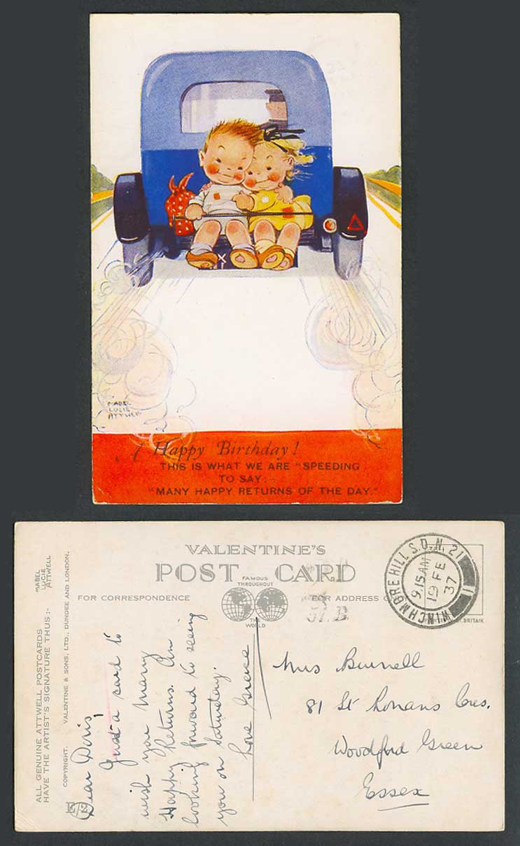 MABEL LUCIE ATTWELL 1937 Old Postcard Car, A Happy Birthday, Speeding to Say E/2