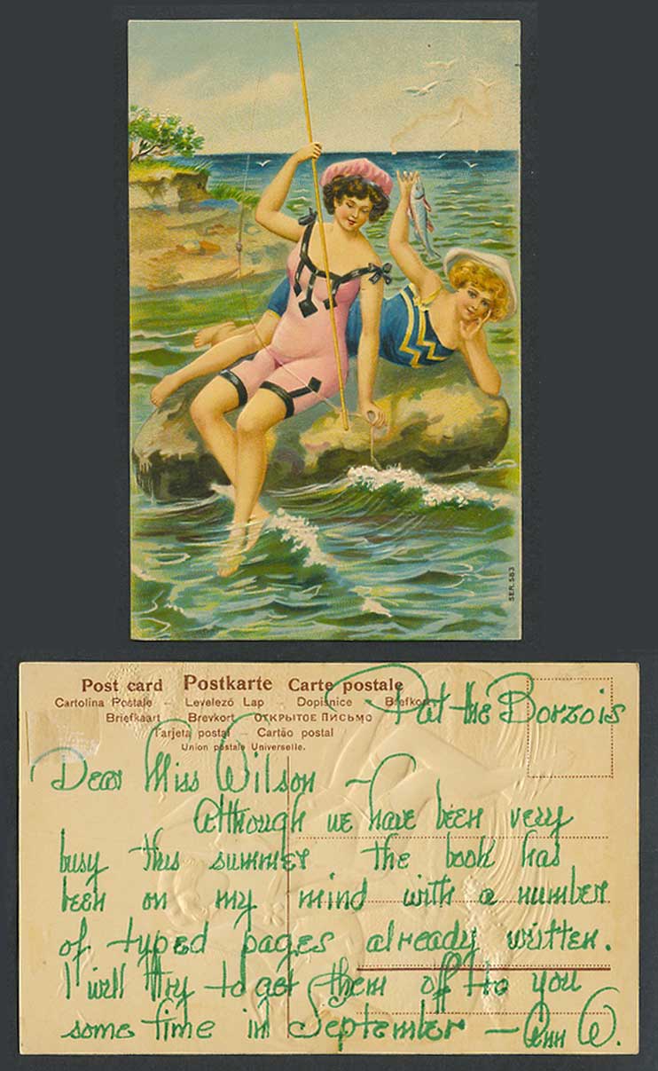 Bathing Belles Girls Women Ladies Bathers Fishing Rod Fish Old Embossed Postcard