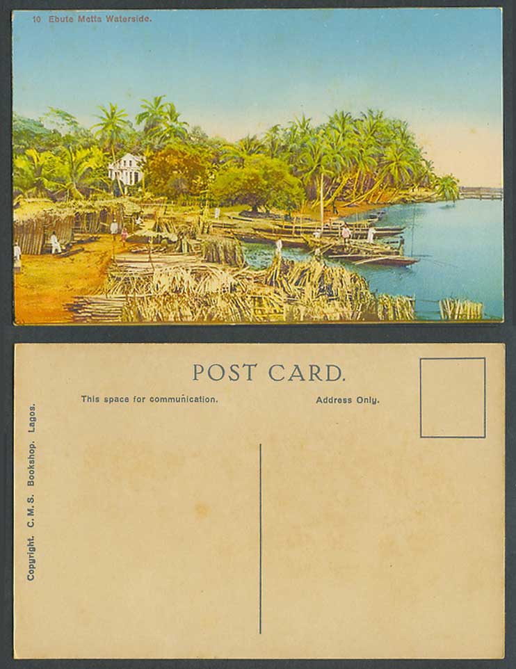 Nigeria Old Postcard Ebute Metta Waterside Native Boats Palm Trees Harbour Lagos