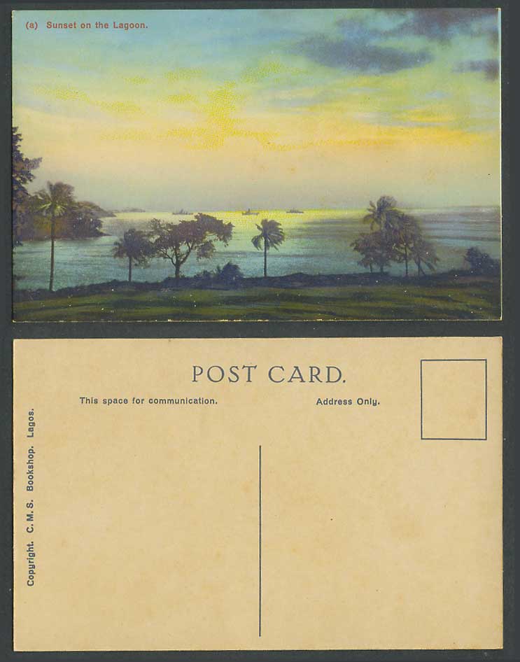 Nigeria Old Colour Postcard Lagos Sunset on The Lagoon Panorama, C.M.S. Bookshop