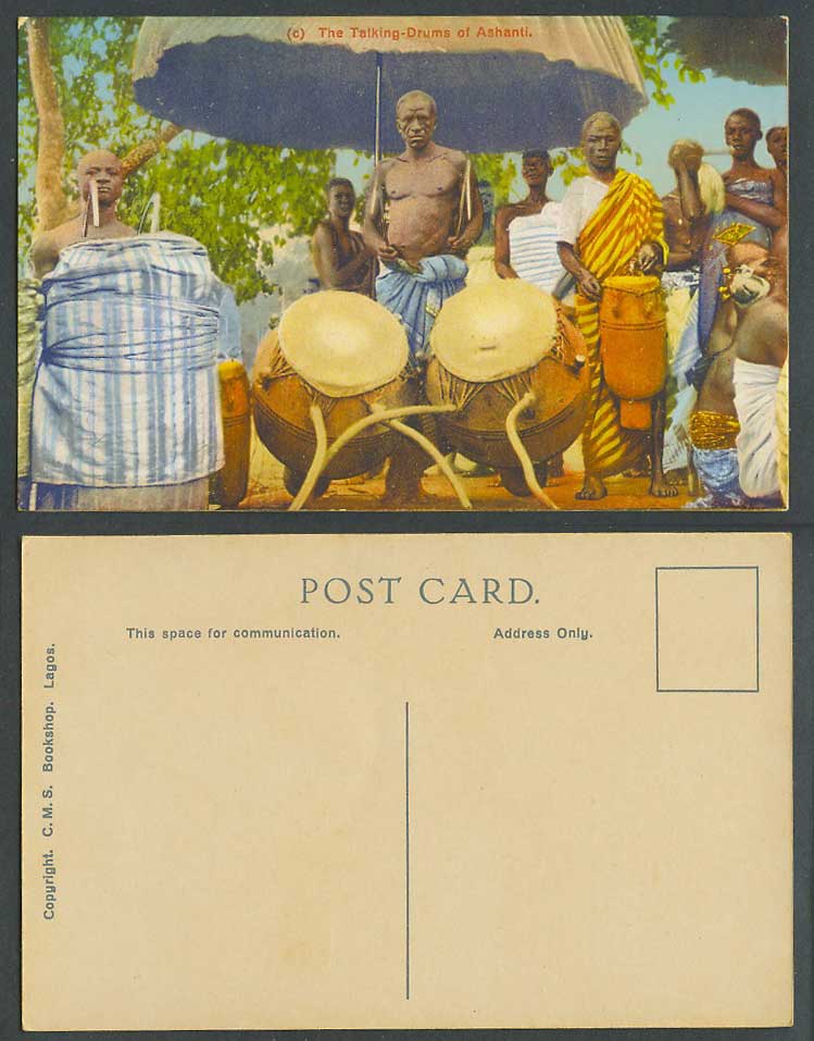 Nigeria Old Colour Postcard Talking Drums of Ashanti People Traditional Costumes