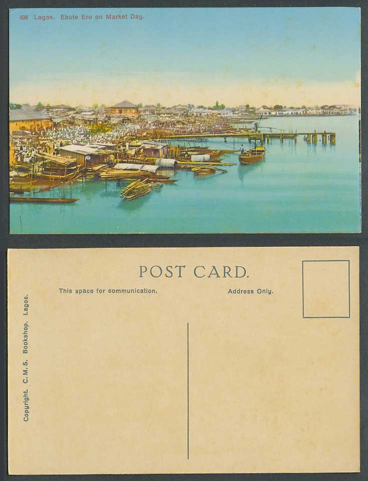 Nigeria Old Colour Postcard Lagos Ebute Ero on Market Day Harbour Boats Pier 406