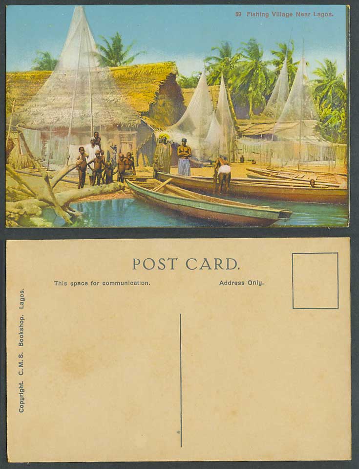 Nigeria Old Colour Postcard Fishing Village near Lagos, Native Houses Boats Nets