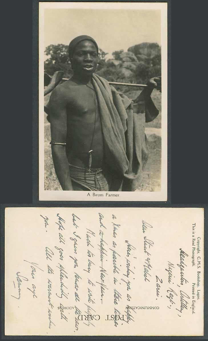 Nigeria Old Real Photo Postcard A Berom Birom Farmer with Hoe, Native Black Man