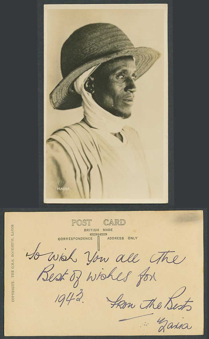 Nigeria 1943 Old Real Photo Postcard Hausa Native Black Man wearing Hat Costumes