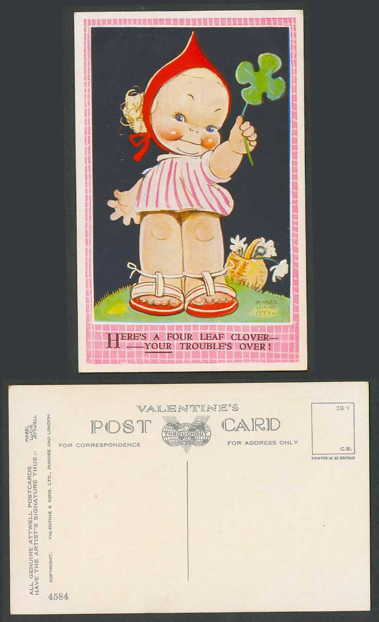 MABEL LUCIE ATTWELL Old Postcard Here's 4 Leaf Clover, Your Trouble's Over! 4584