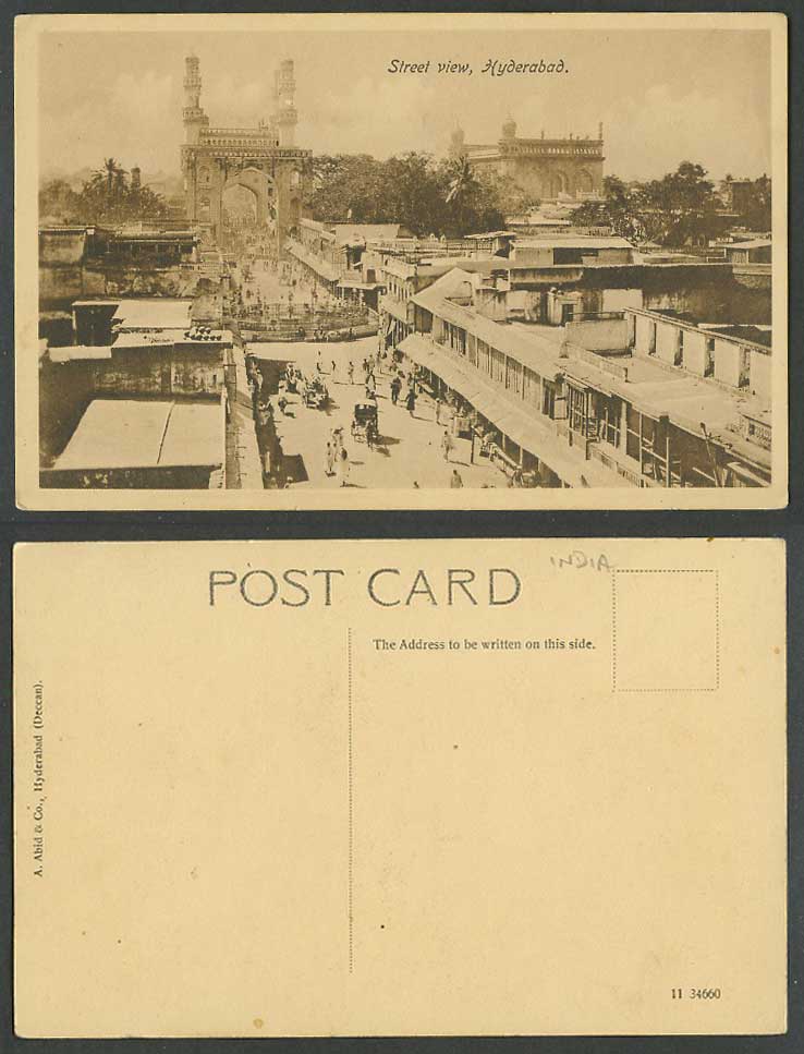 India Old Postcard Hyderabad Dn Deccan Street View Gate Fountain Panorama A Abid