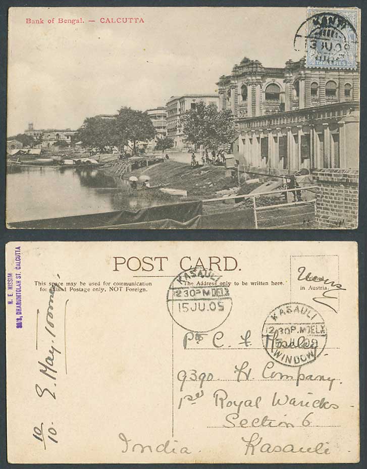 India KE7 3p 1909 Old Postcard Bank of Bengal Calcutta Street View Boats Harbour