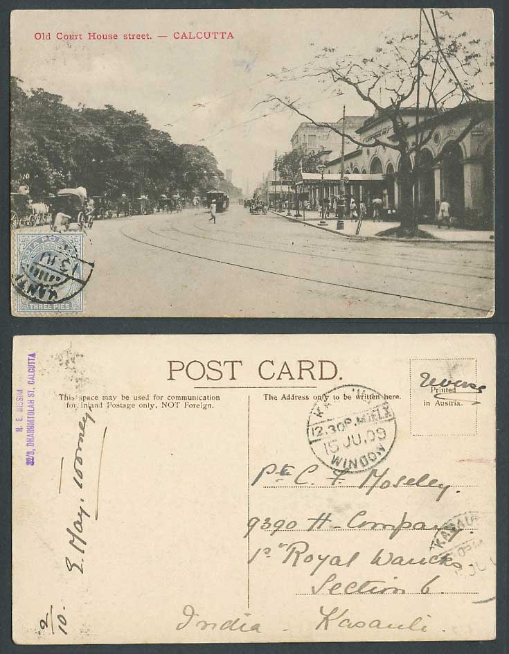 India KE7 3p 1909 Vintage Postcard Old Court House Street Scene, Calcutta, TRAM