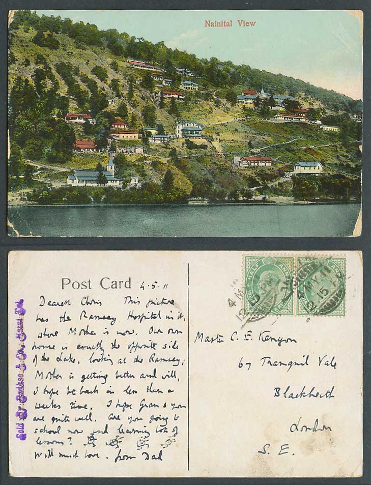 India KE7 1/2a x2 1911 Old Colour Postcard Nainital View Naini Tal Nannital Lake