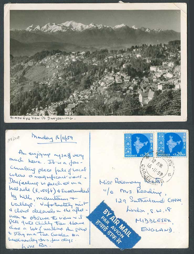 India 20n.p. Map x 2 1959 Old Real Photo Postcard Bird's Eye View of Darjeeling