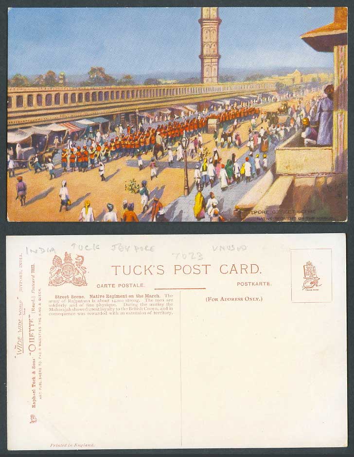 India Old Tuck's Postcard Jeypore Native Regiment on the March Street Scene Army
