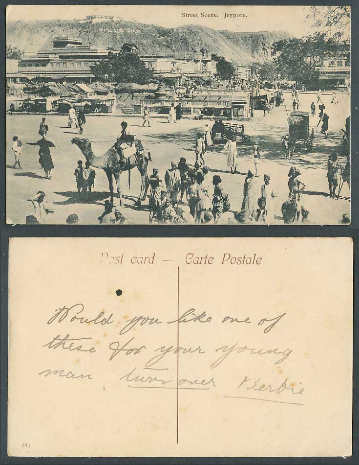 India Old Postcard Street Scene Jeypore Jaipur Camel Rider Welcome on Hill N.394