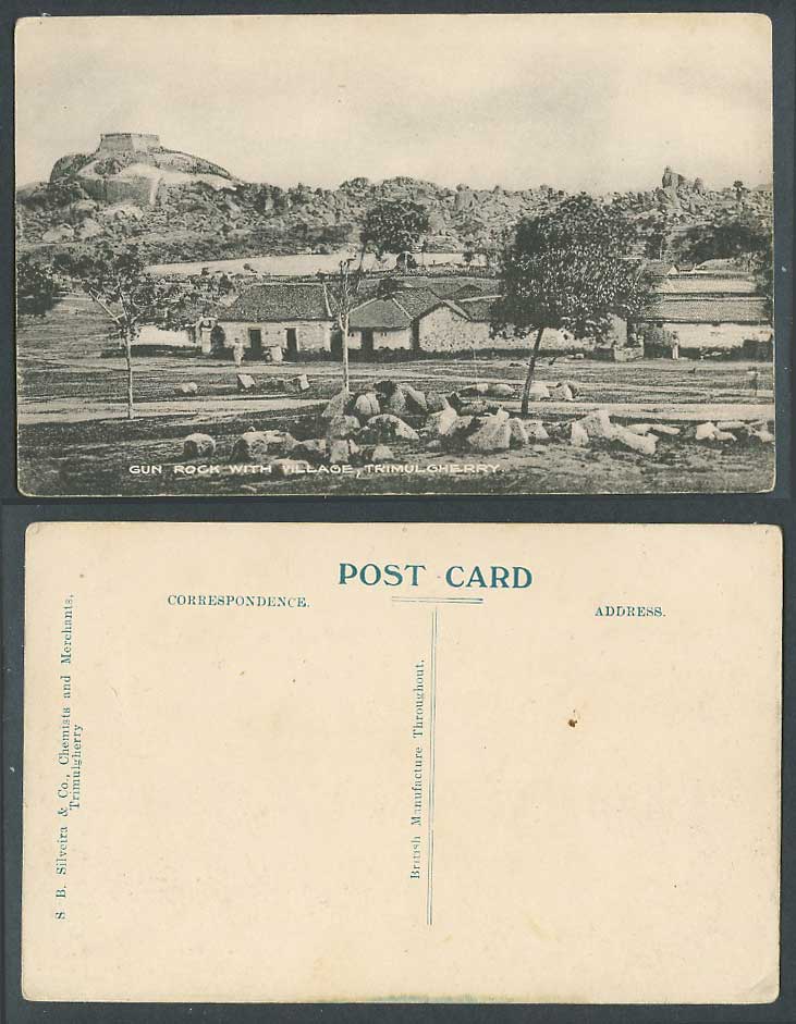 India Old Postcard Gun Rock with Village Trimulgherry Native Houses, SB Silveira
