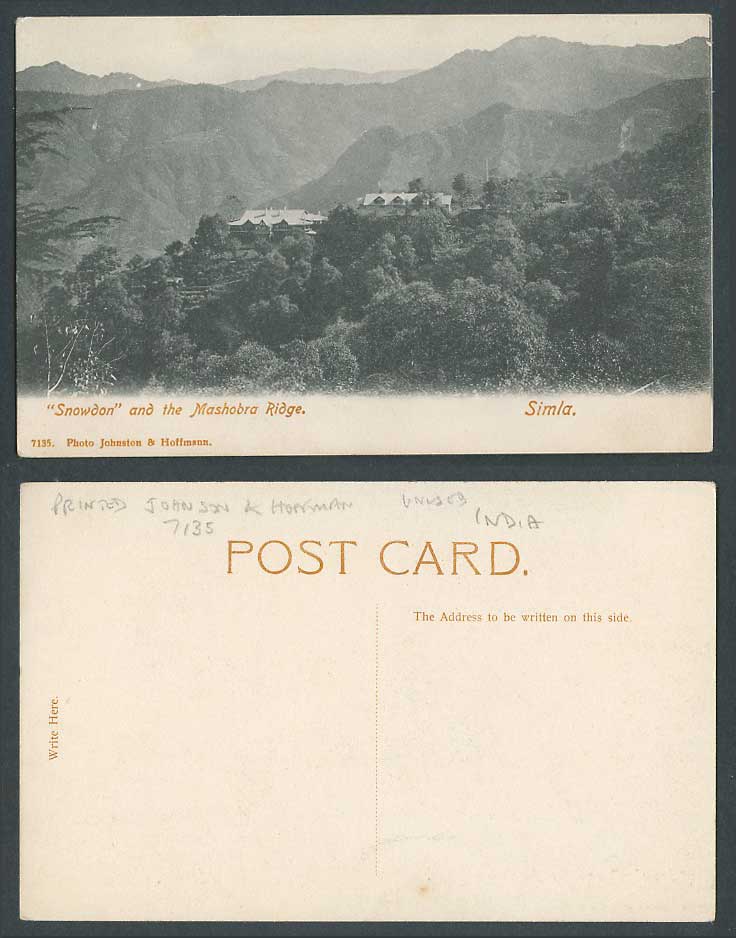 India Old Postcard Snowdon and The Mashobra Ridge, Simla Shimla, Mountains Hills