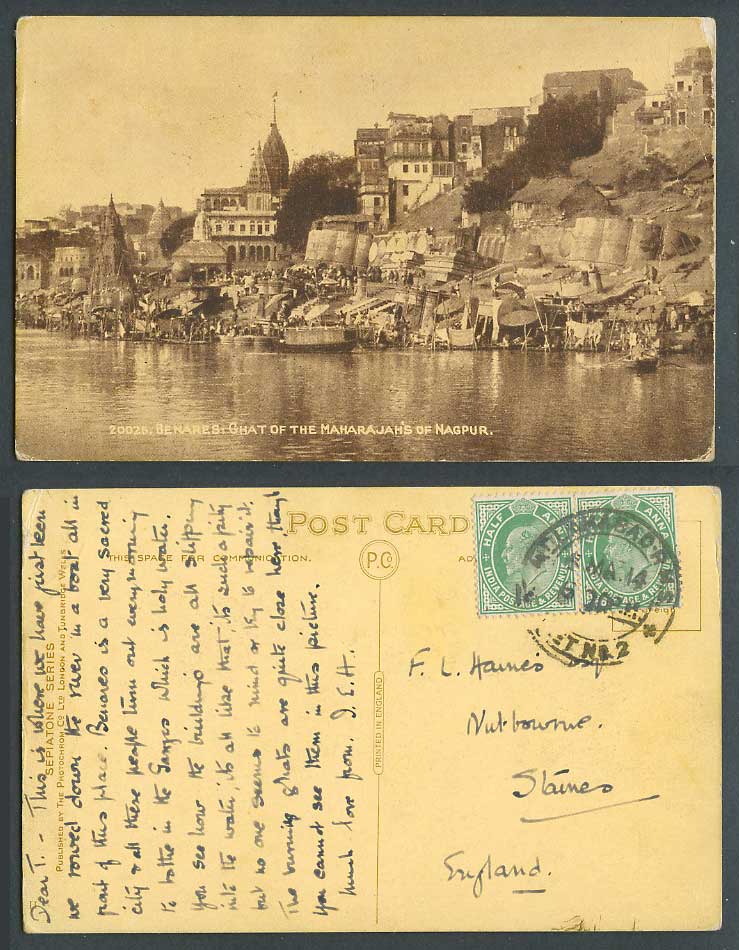 India R.M.S. 1914 Old Postcard Maharaja Nagpur Ghat Benares River Boats Temples