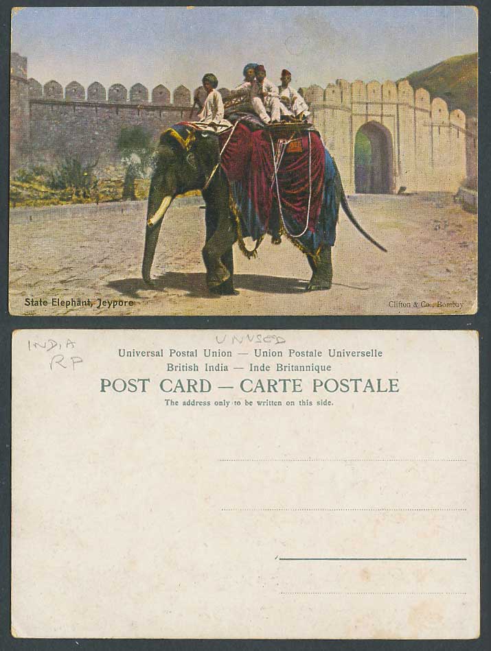 India Old Colour Postcard State Elephant Jaipur Jeypore Fort Fortress Gate Walls