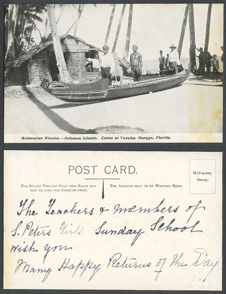 Solomon Islands Old Postcard Canoe at Vunuha Honggo Florida Native House Man Boy