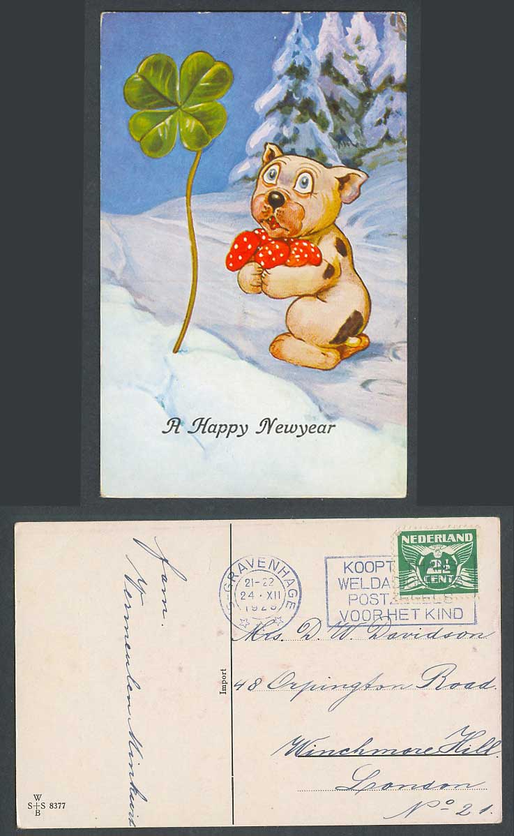 BONZO DOG GE Studdy Style Old Postcard A Happy New Year Four-Leaf Clover in Snow