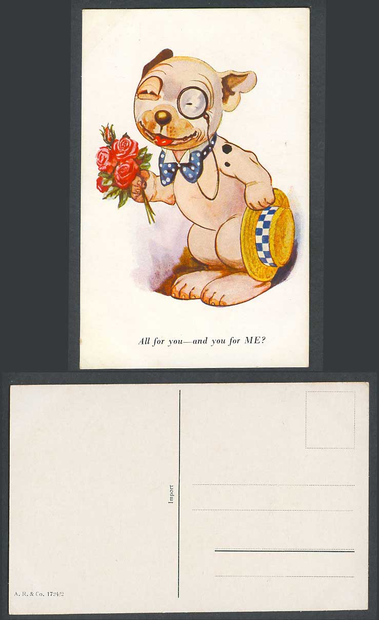 BONZO DOG G.E. Studdy Old Postcard All For You and You For Me? Puppy Flowers Hat