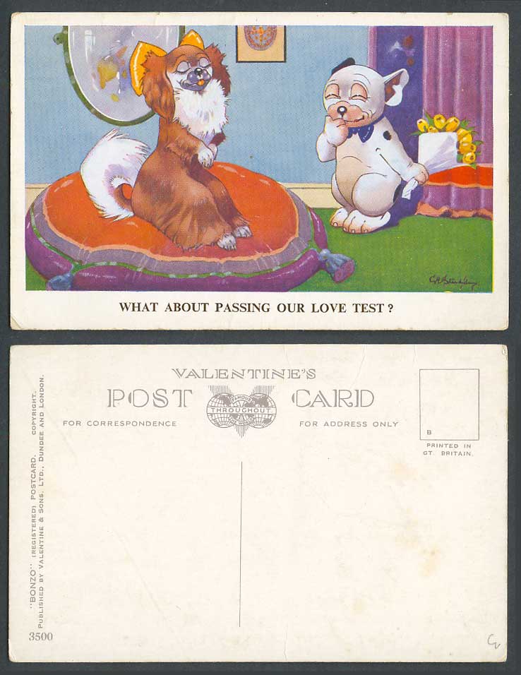 BONZO DOG GE Studdy Old Postcard What About Passing Our Love Test? Flowers 3500