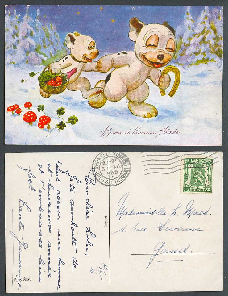 BONZO DOG GE Studdy 1936 Old Postcard Snow, Horseshoe, Mushrooms, Happy New Year