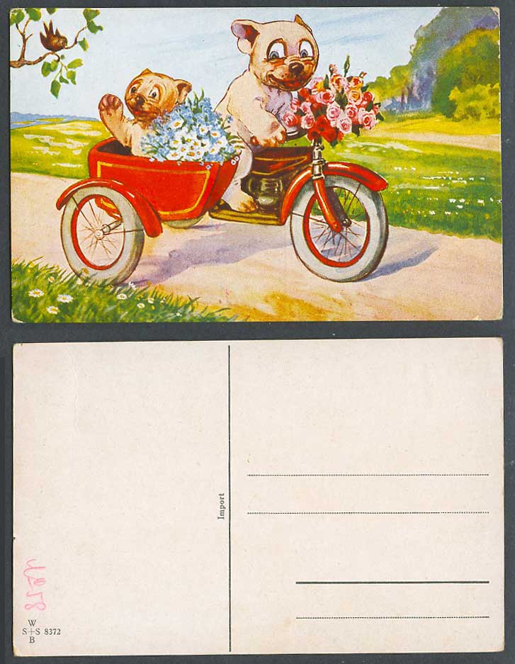 BONZO DOG GE Studdy Style Old Postcard Dogs on Three-Wheeler Motorcycle, Flowers