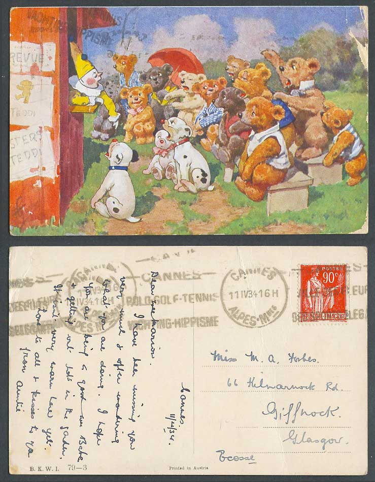 BONZO DOG GE Studdy 1934 Old Postcard Punch and Judy Show, Teddy Bear Bears Dogs