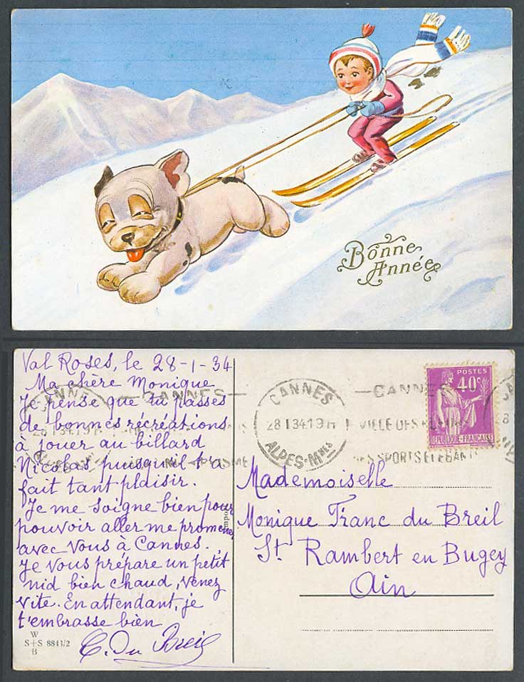BONZO DOG G.E. Studdy 1934 Old Postcard Puppy, Skier Skiing Skis, Happy New Year